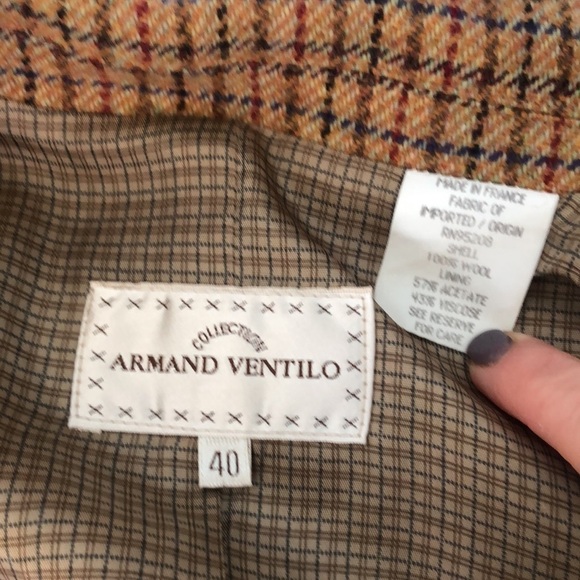 Armand Ventilo Brown Houndstooth Print Wool Blazer Beaded Collar, French Size 40 - Picture 7 of 13